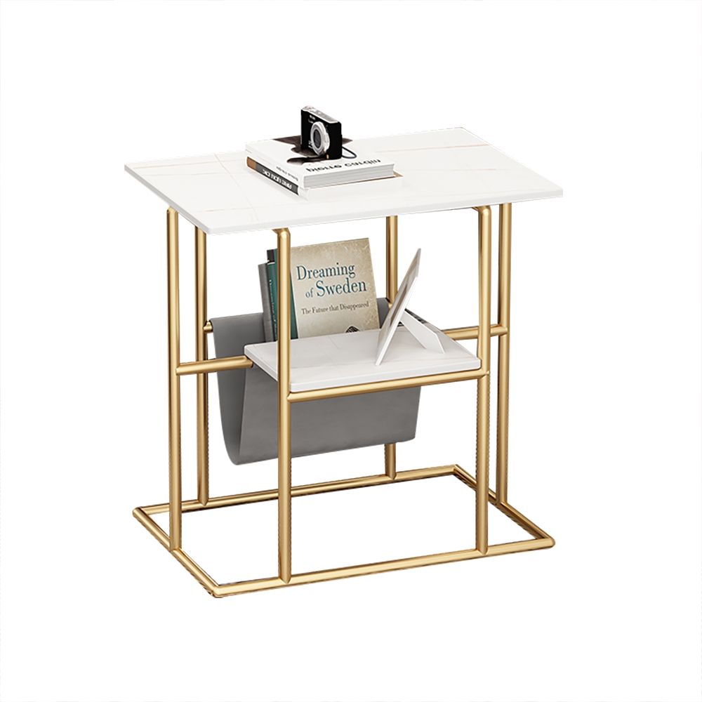 Black/ White Modern End Table with Shelf Sintered Stone Top & Metal Frame Side Table window image