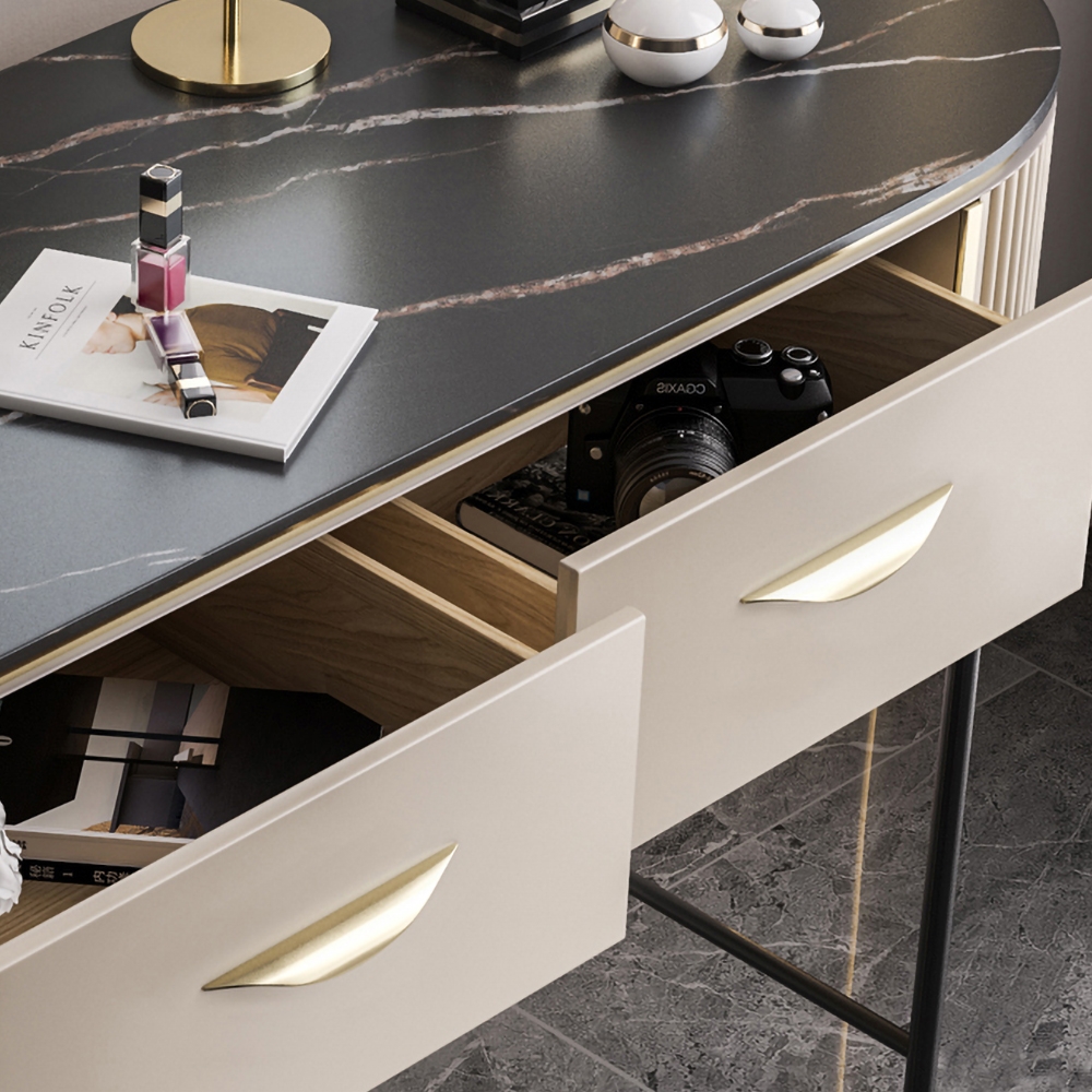 Nordic Off-White Makeup Vanity Sintered Stone Top with 2 Drawers for Storage in Black window image