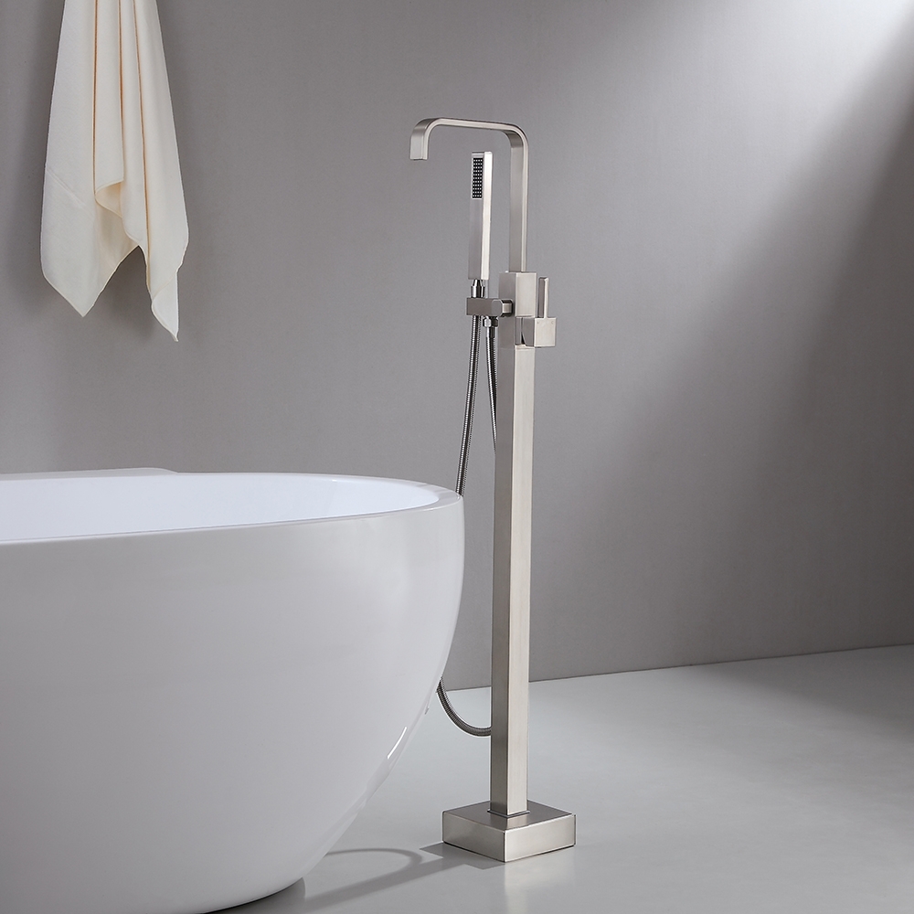 Dree Brushed Nickel Floor Mount Modern Tub Filler Faucet & Hand Shower Single Handle Solid Brass window image