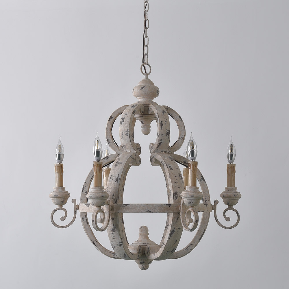 Farmhouse French Candle Style Distressed White Sphere 6-Light Chandelier Wood and Metal window image