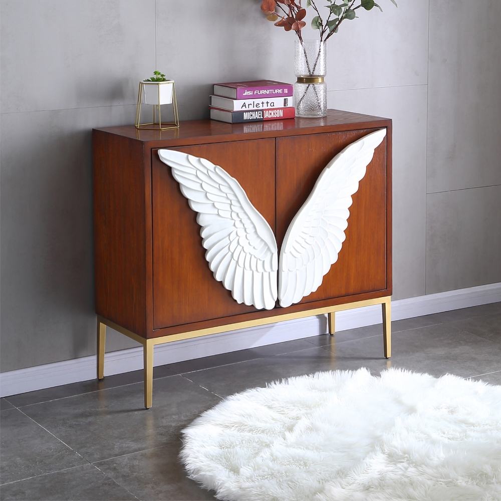 Modern Walnut&White Cabinet Feathered Rectangular Kitchen Cabinet with 2 Interior Shelves and Doors Stainless Steel window image