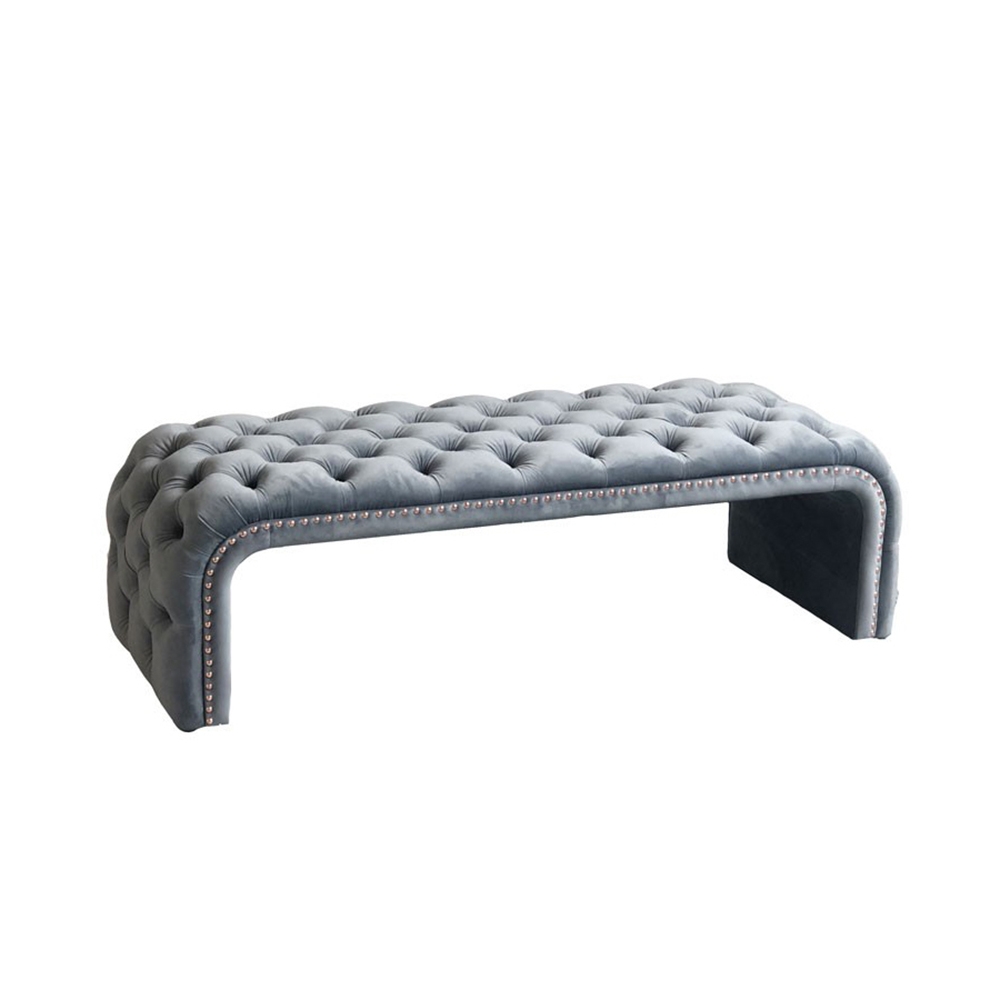Tufted Bench Blue Velvet Upholstered Bench Ottoman Bench Mid-Century Bench window image
