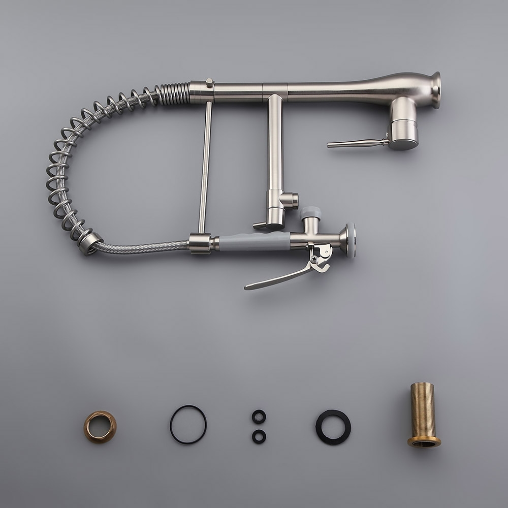 Commercial Dual-Function 1-Lever Pull Down Sprayer Pre-Rinse Kitchen Faucet Brushed Nickel window image