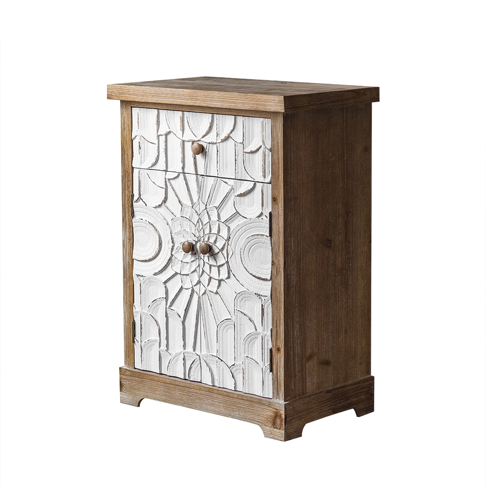 Rustic Distressed White Cabinet Carved Surface with Drawer & Doors window image