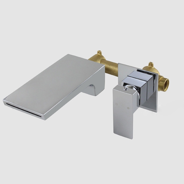 Grifo mezclador tipo cascada de pared, una manija de latón macizo, estilo moderno, en cromo pulido Imagen de ventana