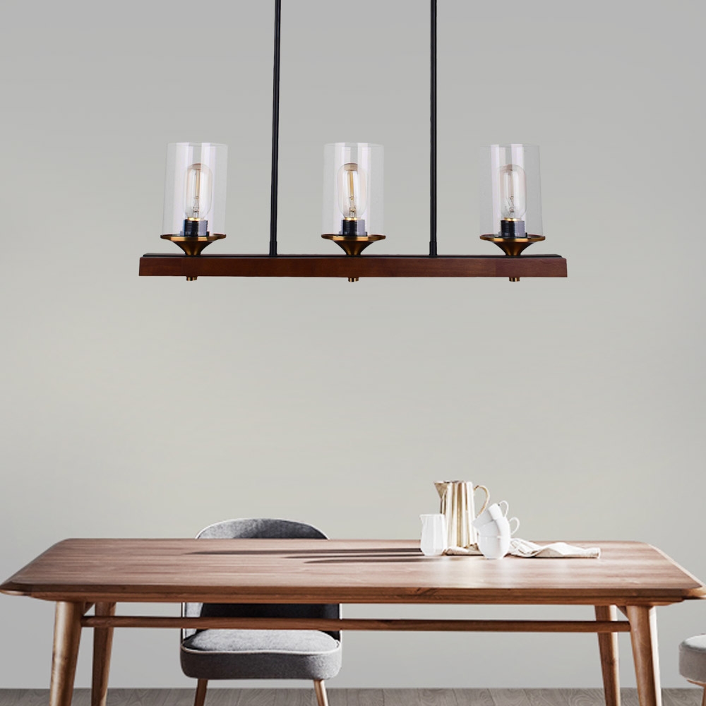 Industrial Loft Wood Beam 3-Light Island Linear Pendant Light with Clear Glass Shade Black Metal window image