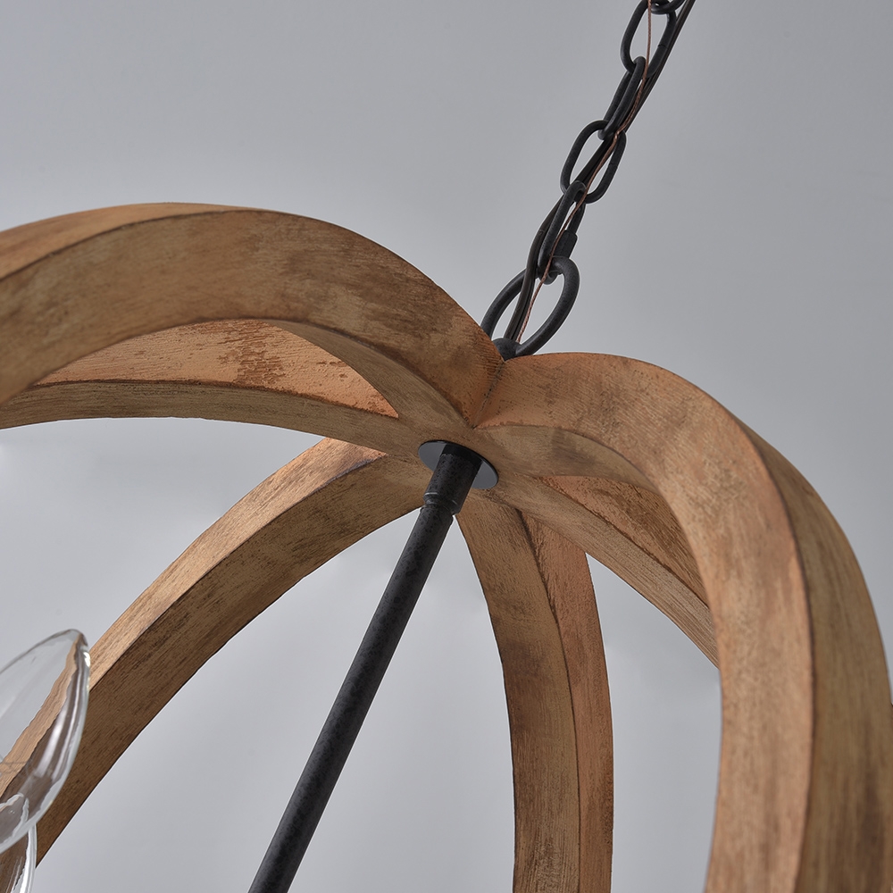 Rustic Vintage 4 Lights Brown Wood Globe Orb Chandelier Rust Metal Candle Light window image