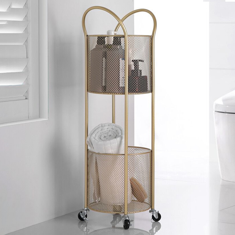 Gold Modern Metal Shelving for Bathroom Storage with 2-Tier Shelf and 4 Wheel window image