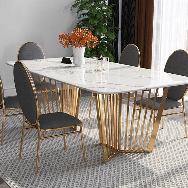 Contemporary 63" Rectangular Faux Marble Dining Table Gold Base Stainless Steel window image