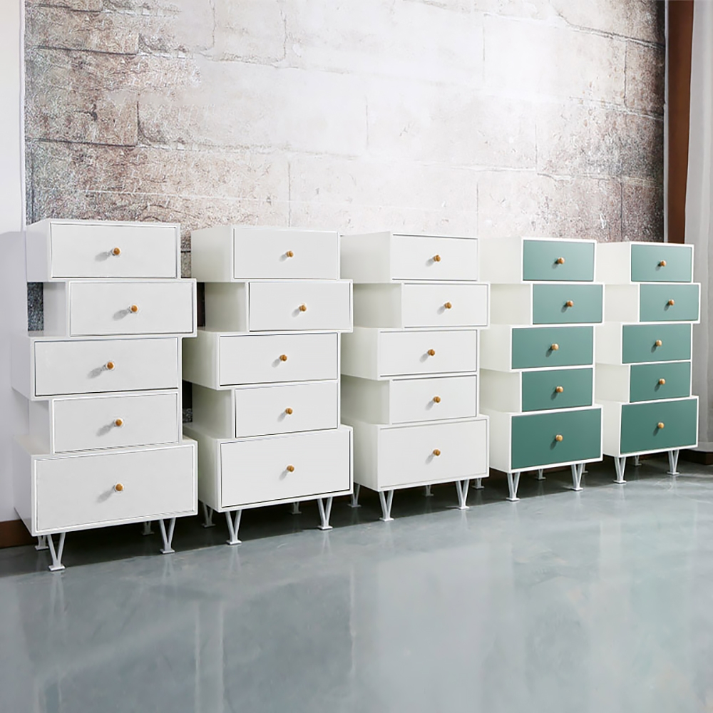 Modern Cabinet 5 Drawers Wood Cabinet Geometrical Cabinet Accent Cabinet-White window image