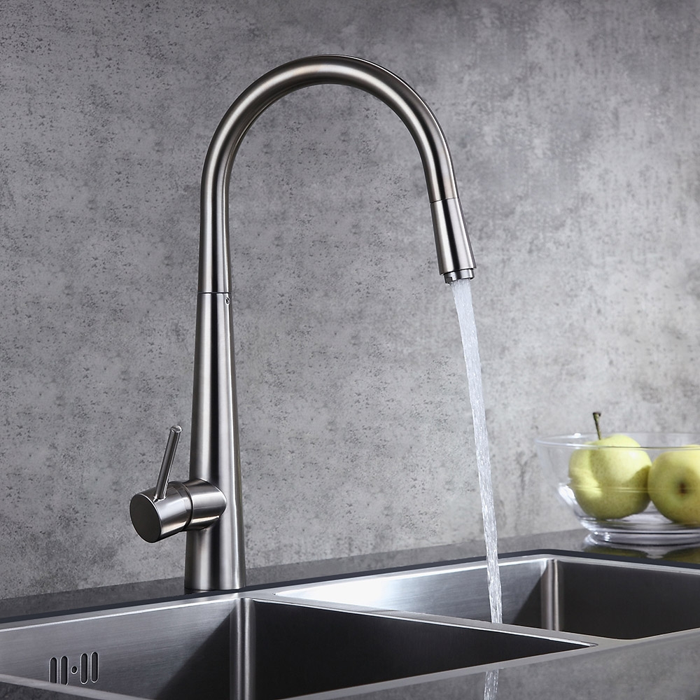 Rubinetto da cucina a spruzzo estraibile con maniglia singola Opula in nichel spazzolato Immagine della finestra