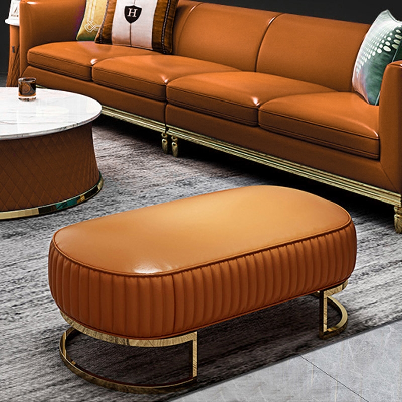 Modern Faux Leather Tan Upholstered Tufted Bench Gold Metal Bench Small window image