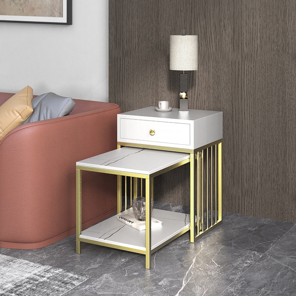 Modern Side Table Nesting End Table with Shelf & Drawer in Gold & White Sintered Stone window image