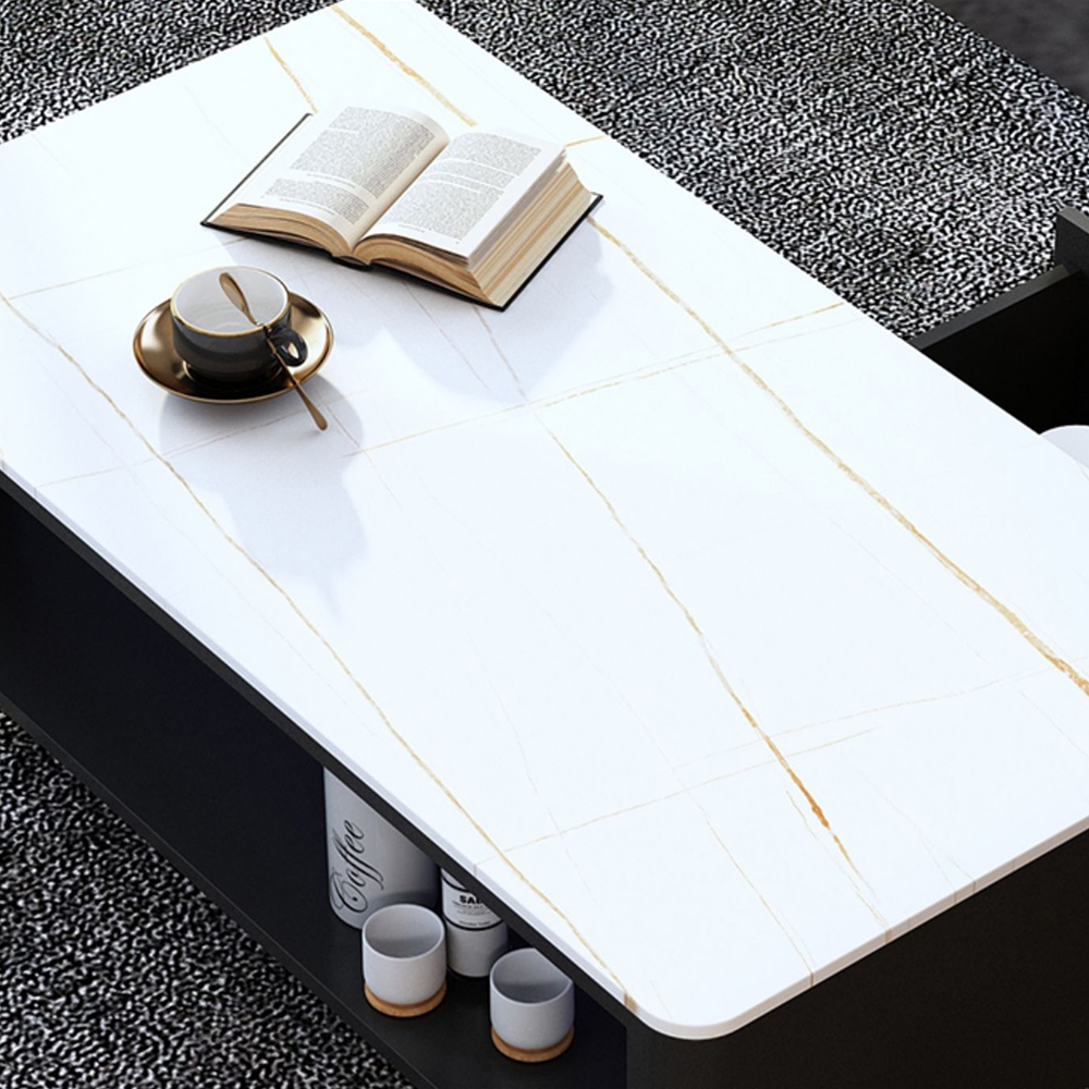 White Rectangular Coffee Table with Storage Sintered Stone 2-Drawer Accent Table window image