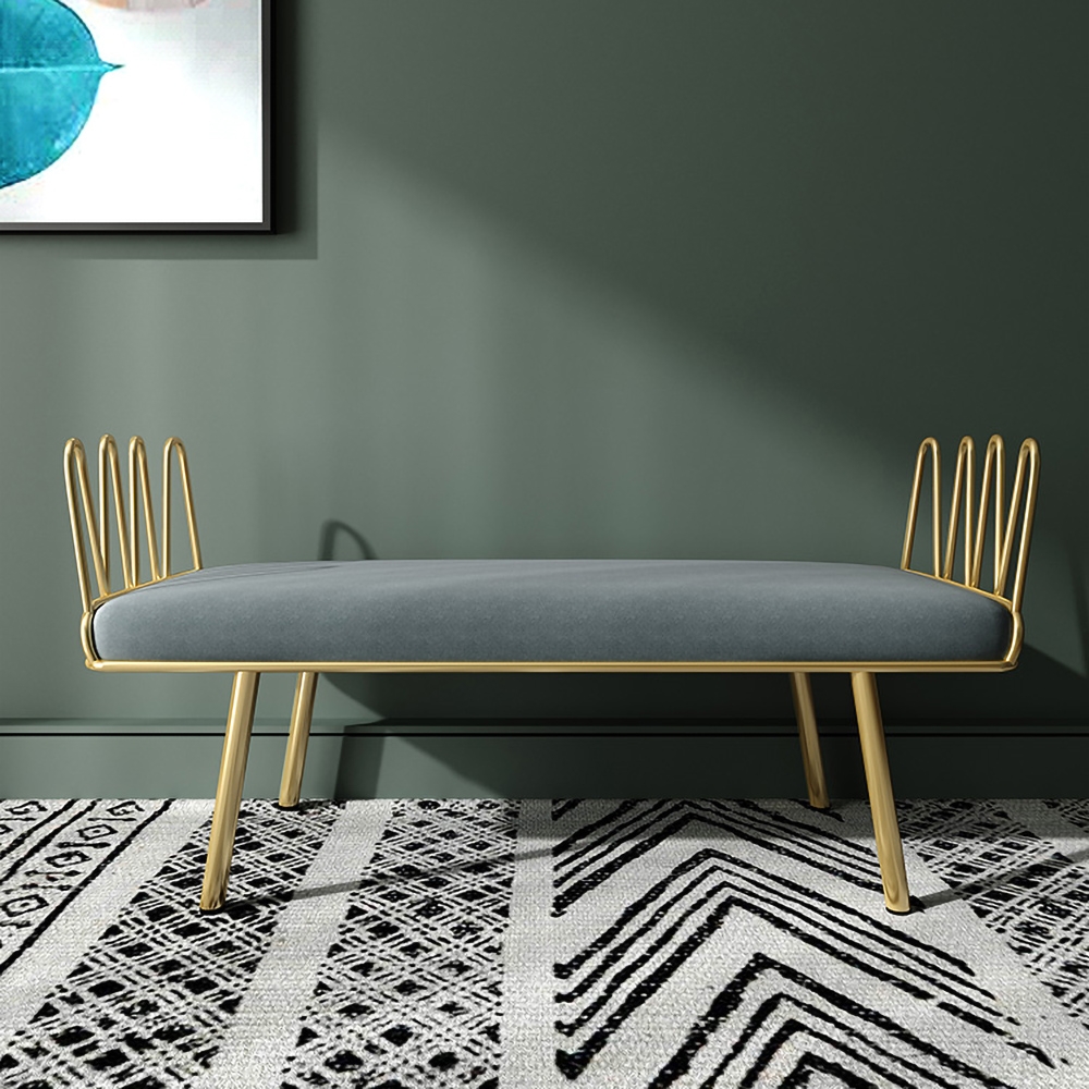 Light Gray Entryway Bench Modern Upholstered Velvet Bench Metal in Gold window image