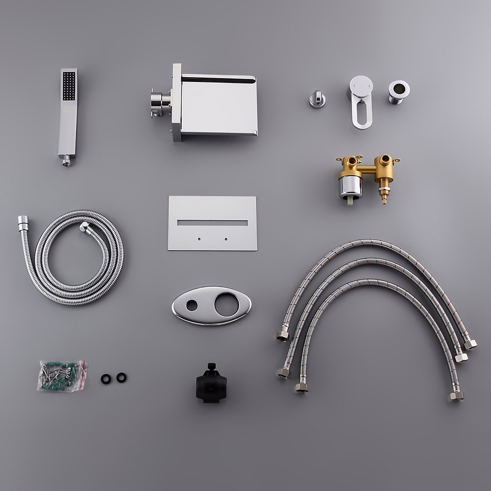 Koko Modern Polished Chrome Wall Mounted LED Waterfall Roman Tub Filler Faucet Hand Shower Set Solid Brass window image