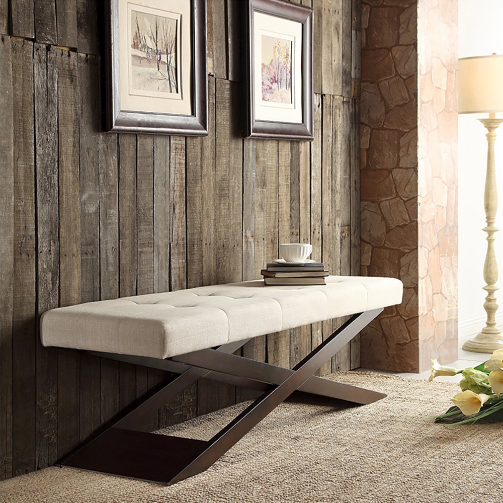 Off White Linen Bench Upholstered Carbon Steel Bench window image