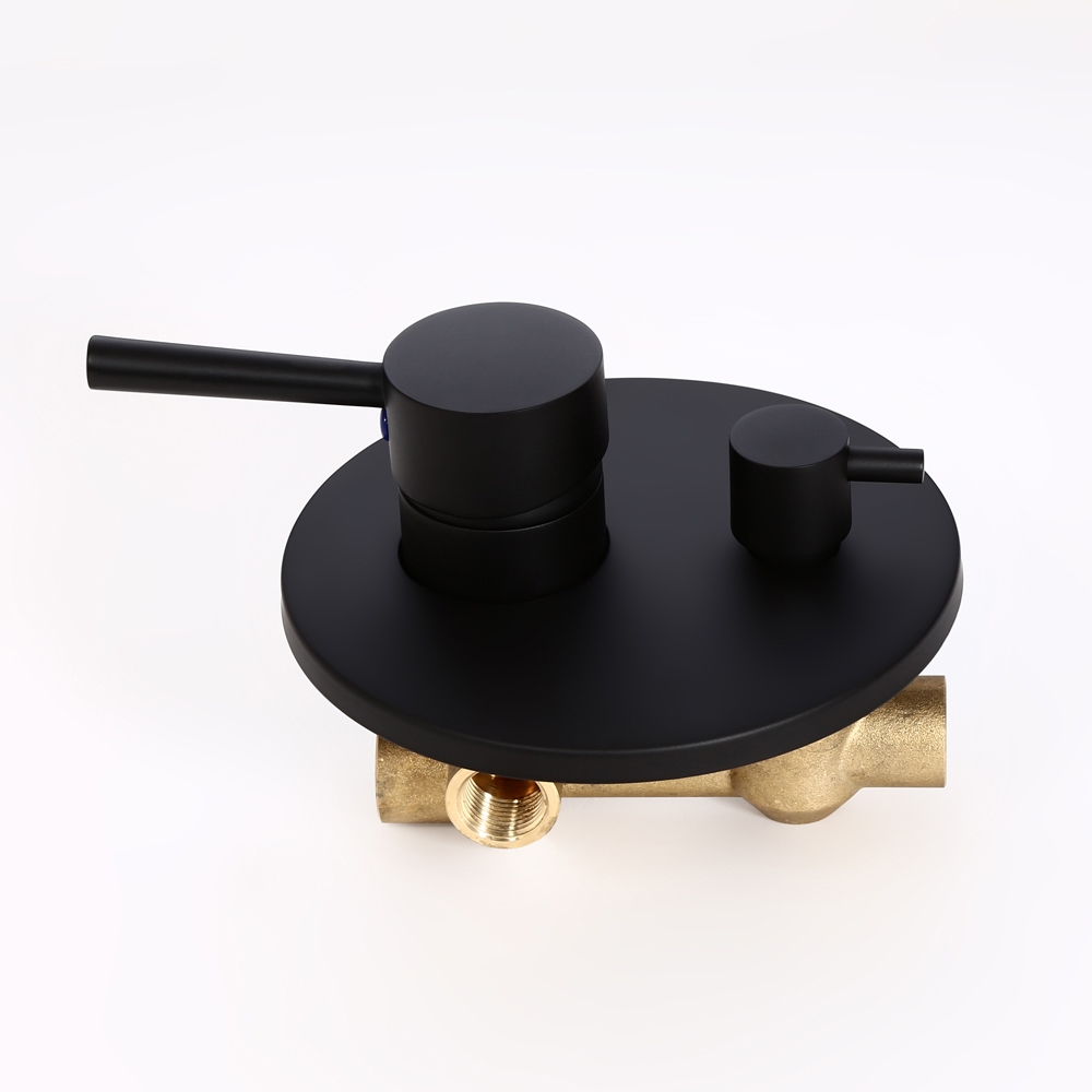 Válvula misturadora de chuveiro redonda de dupla função preta fosca moderna de 2 saídas em latão sólido Imagem da janela