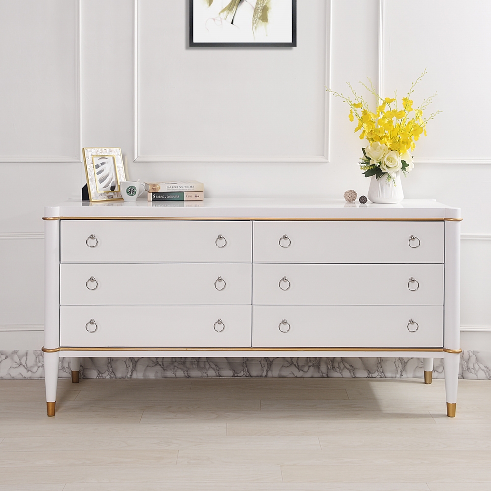 1500mm White Cabinet Glossy Bedroom Dresser with 6 Drawers in Gold window image