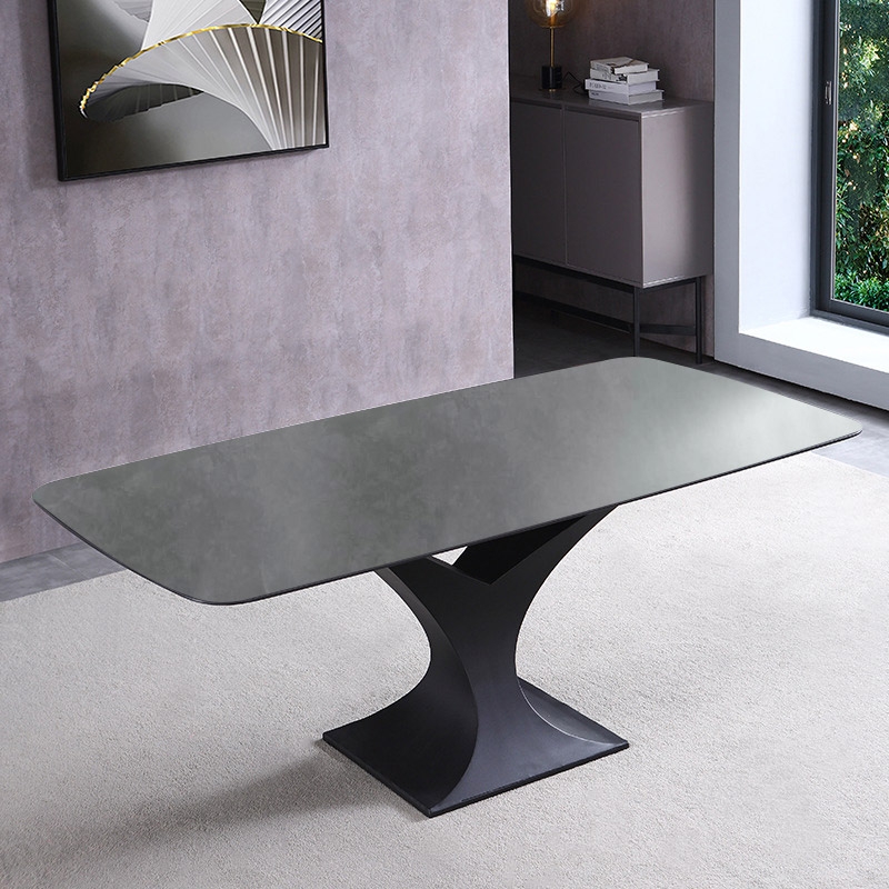 71" Modern Rectangle Stone Dining Table with Black Metal Y-Base in Gray window image