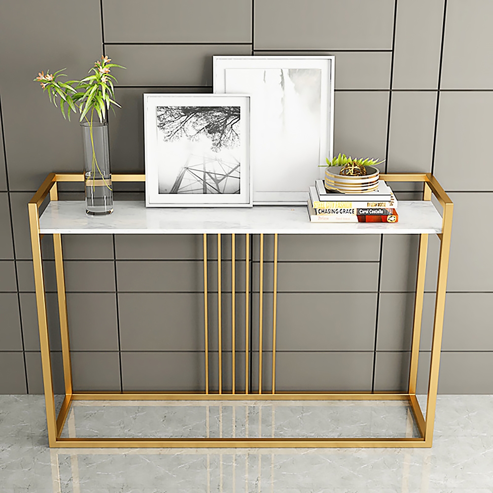 White Console Table Modern Narrow Faux Marble Console Table Rectangle Gold Finish window image