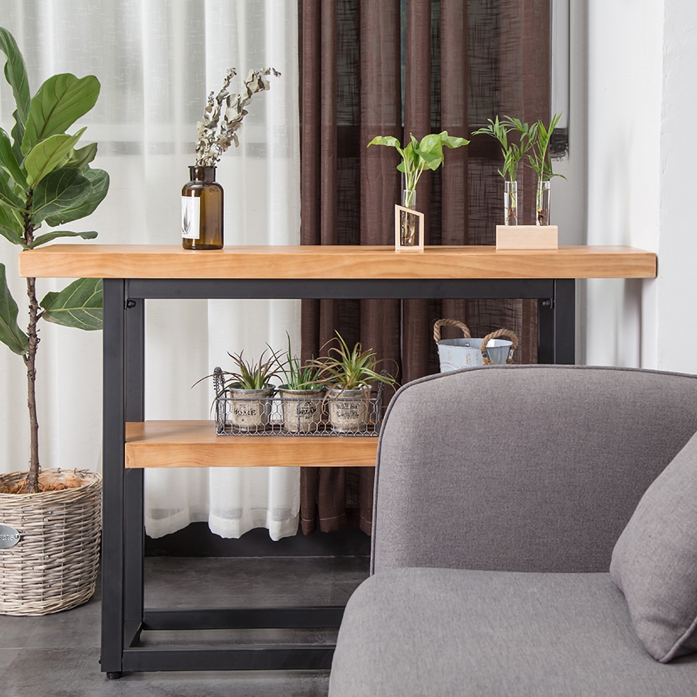 1000mm Retro Narrow Wooden Console Table with Shelf Metal in Black Finish window image