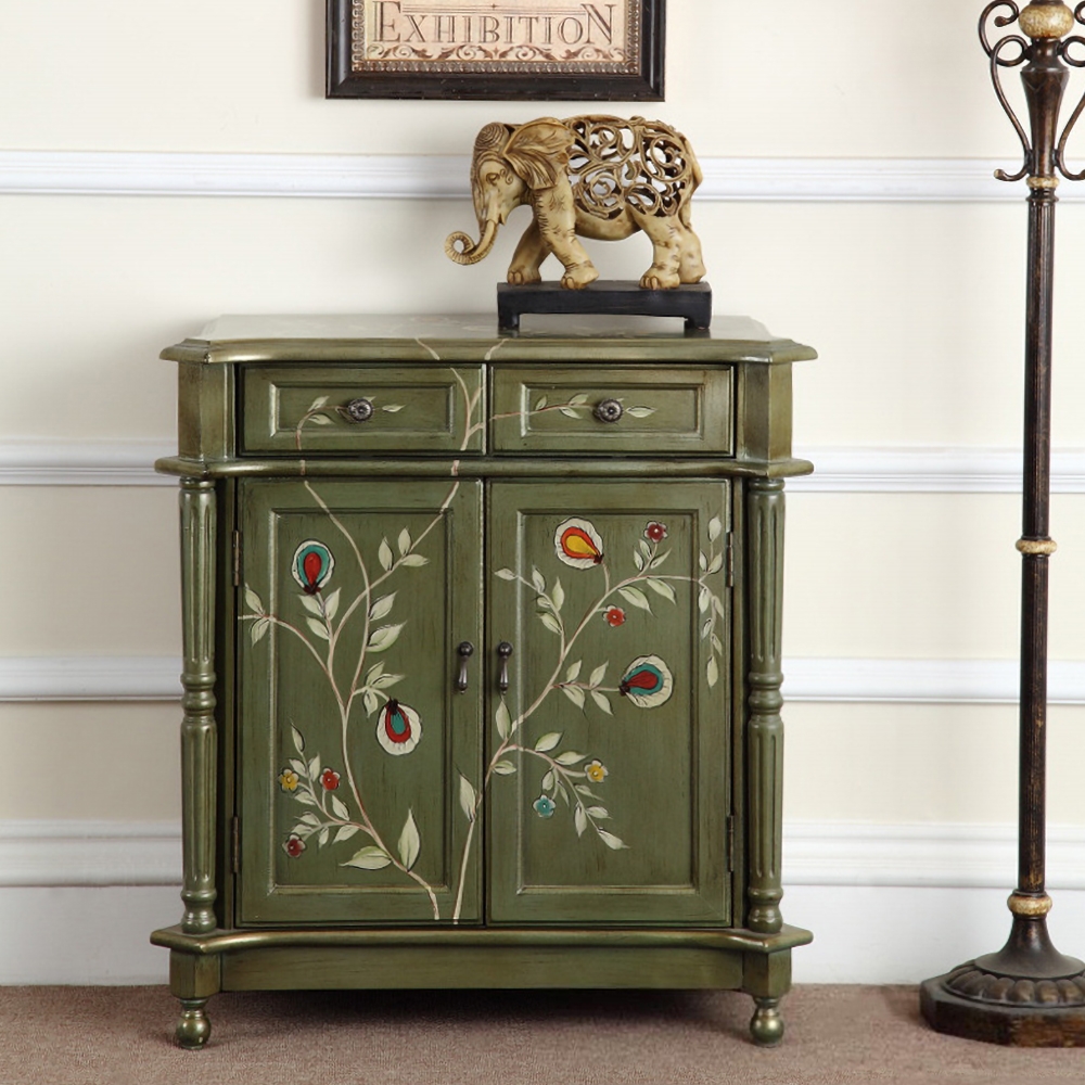 762mm Vintage Distressed Green Sideboard Antique Pulls with 2 Doors 2 Drawers 1 Shelf window image