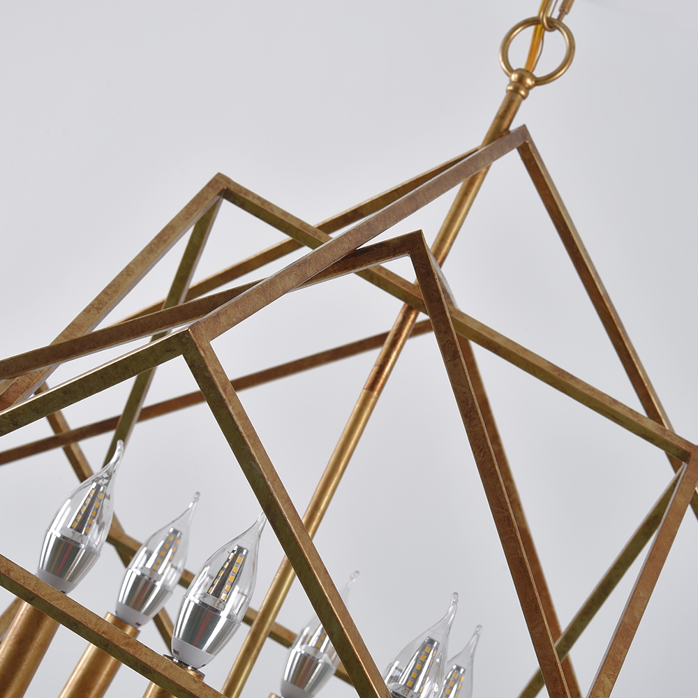 Modern Mid-Century Square Geometric Candle Chandelier 6-Light Antique Gold Ceiling Light window image