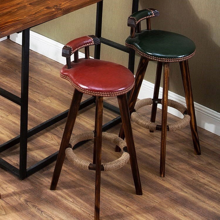 Retro Rustic Swivel Bar Stool Leather Wood Bar Stool with Back Round Nail Heads Seat Cushion in Wine window image