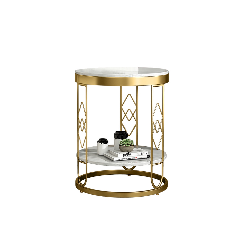 2-Tiered White Modern Round End Table with Shelf Metal Frame window image