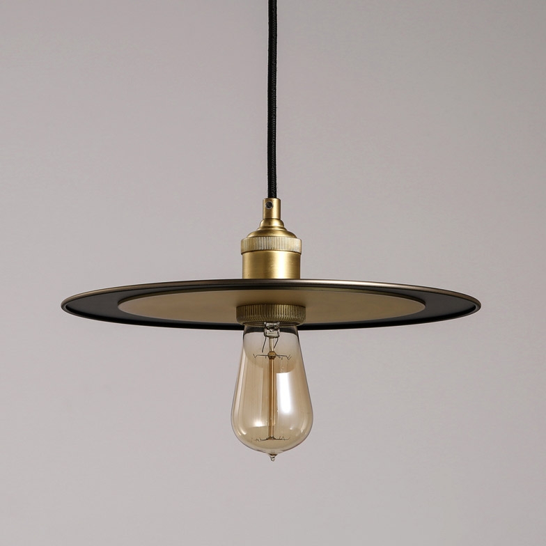 Industrial Style Metal Flat Shade 1-Light Pendant Lamp in Brass Finish window image