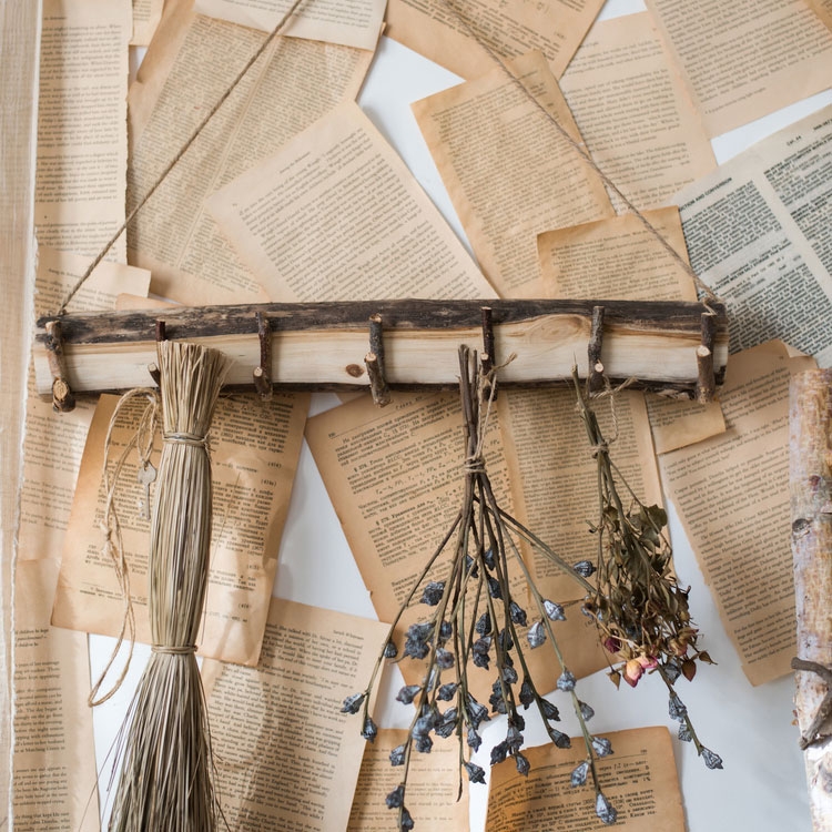 Rustic Style Wall Mounted Decorative Natural Wood Coat Rack with 7 Twig Hooks & Hanging Hemp Rope window image