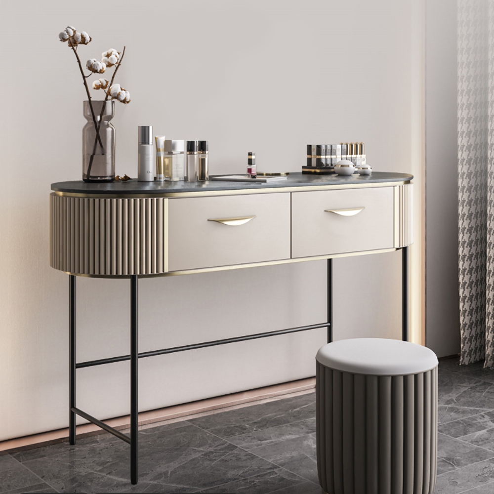 Nordic Off-White Makeup Vanity Sintered Stone Top with 2 Drawers for Storage in Black window image