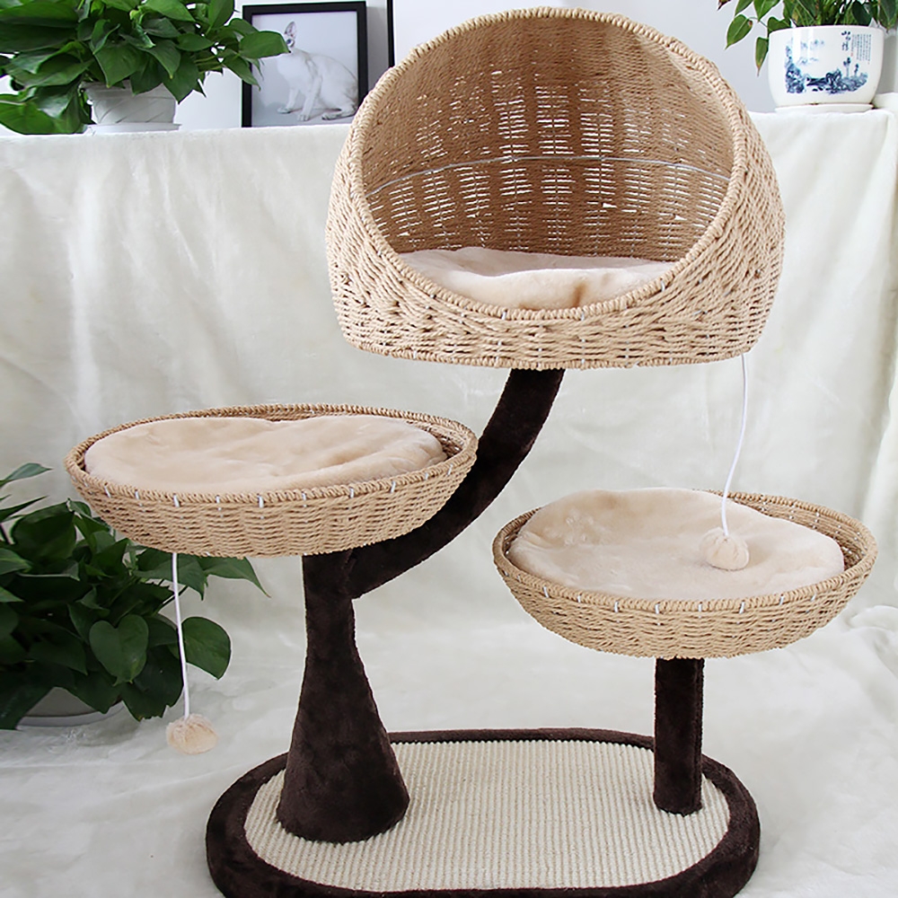 920mm Faux Fur Velvet Cat Tree Condo 3 Tier Woven Cat Bed and Perch window image