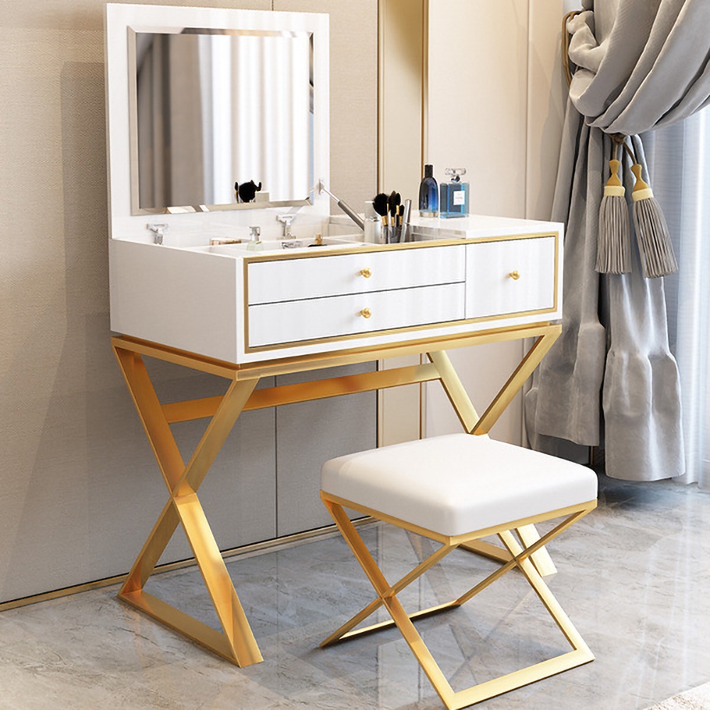 White Makeup Vanity Set Glossy Dressing Table with 2 Drawers in Gold Stool Included window image