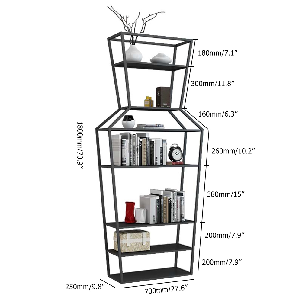 70" Black Metal Etagere Bookshelf Vase-Shaped Freestanding 7-Tier Shelf window image
