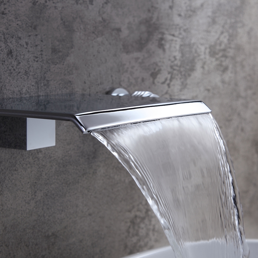 Moda Robinet Moderne Mural Cascade Mitigeur de Lavabo de Salle de Bain Poignées Double en Laiton Massif Chromé image de fenêtre
