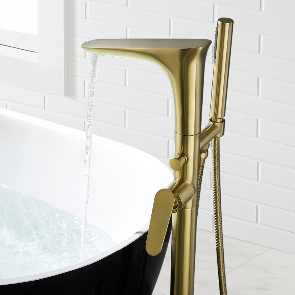 Modern Freestanding Tub Faucet Floor Mounted Tub Filler Swivel Spout with Handshower Brushed Gold Solid Brass window image