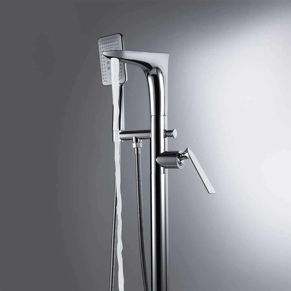 Contemporary Polished Chrome Floor Mount Tub Filler Solid Brass 1-Handle Freestanding Bathtub Faucet with Hand Shower window image