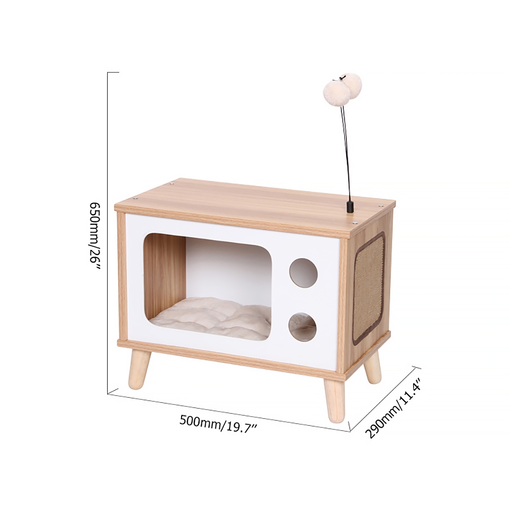 19.7" Square Wooden Cat House TV-Shape Cat Bed with Teasing Toy