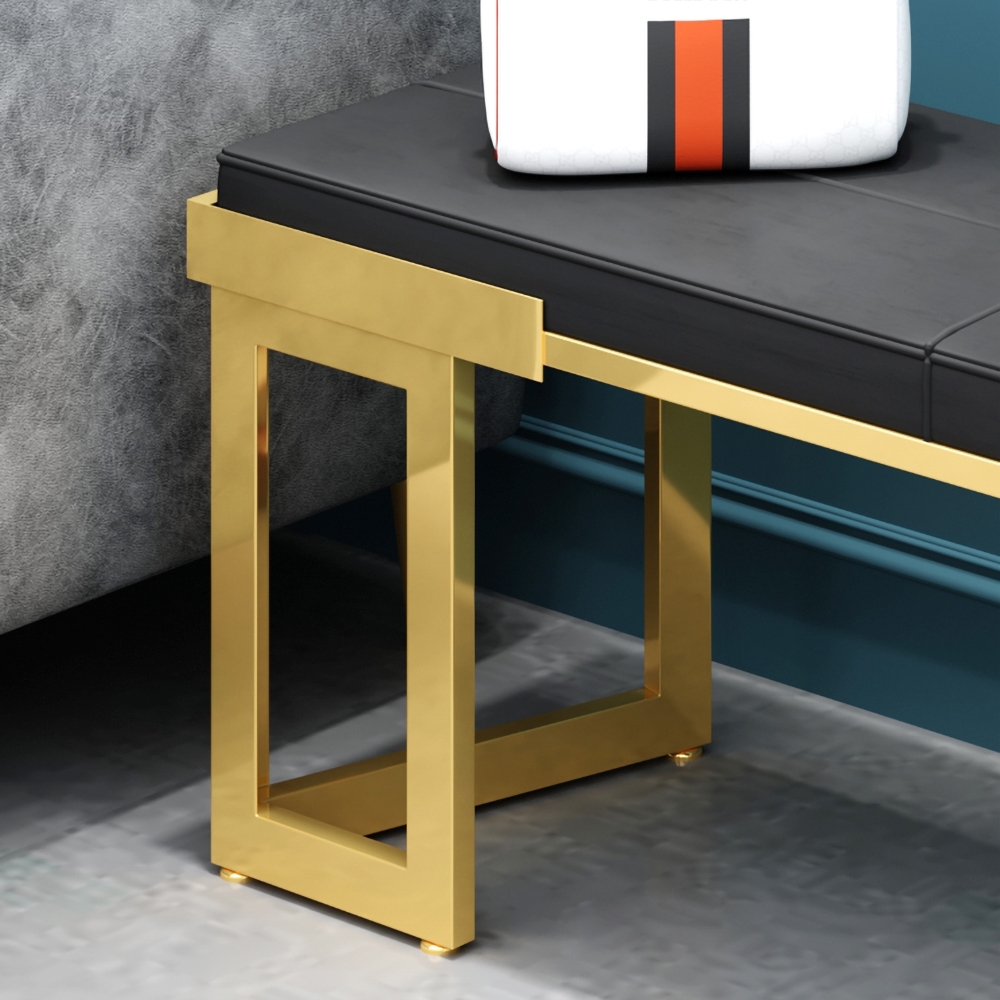 Modern Black Upholstered Bench Soft PU Leather Bench with Gold Metal window image