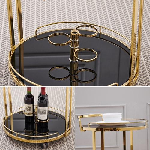Rolling 3-Tier Round Bar Cart Gold and Black with Wheel & Handle window image