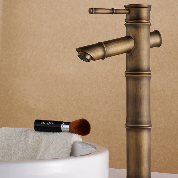 Bamboo Classic Vessel Sink Faucet Single Hole Single Handle Bathroom Faucet in Antique Brass window image