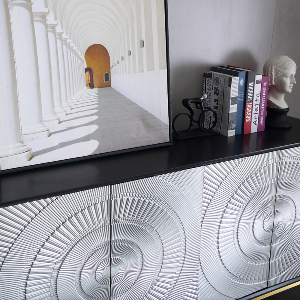 Black&Silver Sideboard Buffet Solid Wood Kitchen Cabinet with Doors and Shelves in Brass window image