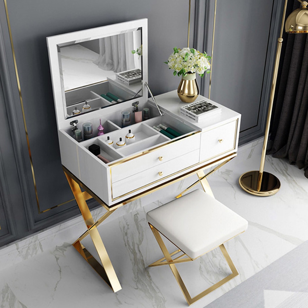 White Makeup Vanity Set Glossy Dressing Table with 2 Drawers in Gold Stool Included window image