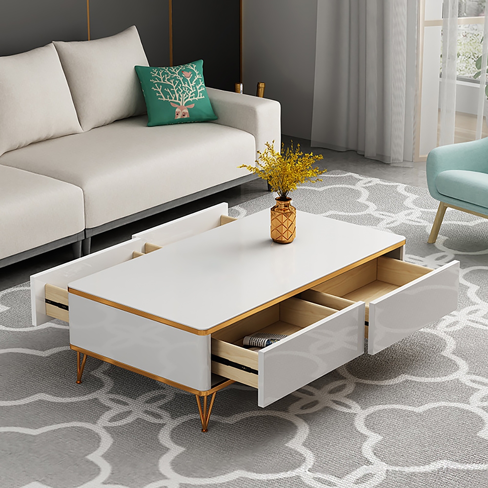 Modern White Rectangular Coffee Table with 4-Drawer Storage Gold Base window image