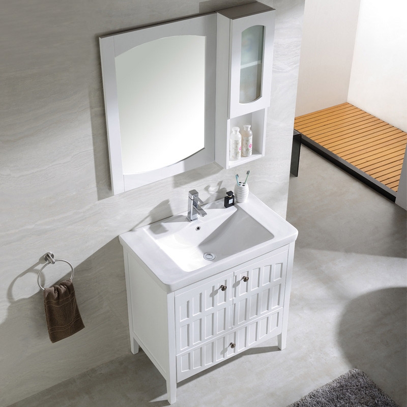 Modern White Bathroom Vanity Cabinet with Single Drop-In Sink Ceramic Top window image