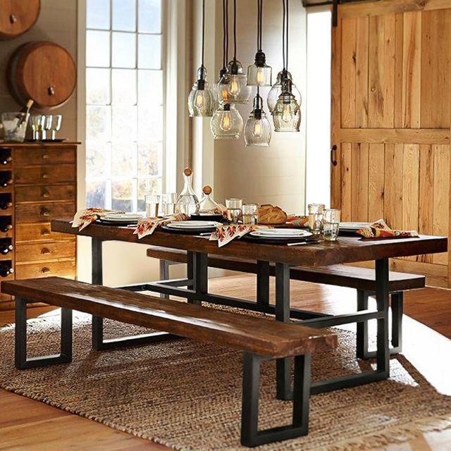 Vintage Rustic Solid Wood and Metal Dining Table Large Rectangular Table with Thick Top in Black window image