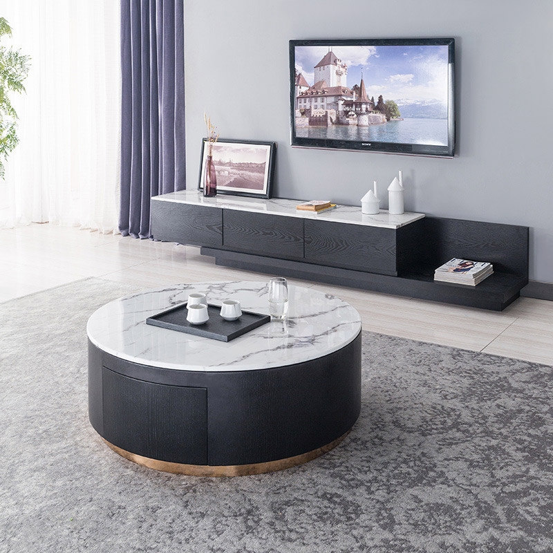 Modern Round White and Black Storage Coffee Table with Drawer & Faux Marble Top Stainless Steel Base window image