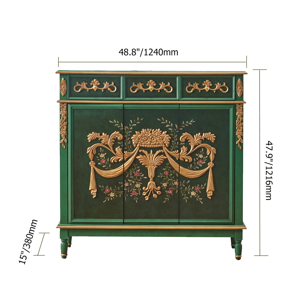 48" Vintage Rustic Shoe Cabinet Floral Patterns Gold Embossed Surface with 3 Drawers & 3 Doors & 8 Shelves window image